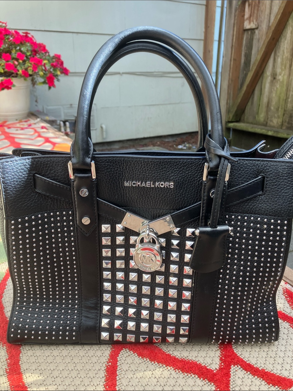 Michael Kors Black Leather Large Nouveau Hamilton with Pyramid Studs